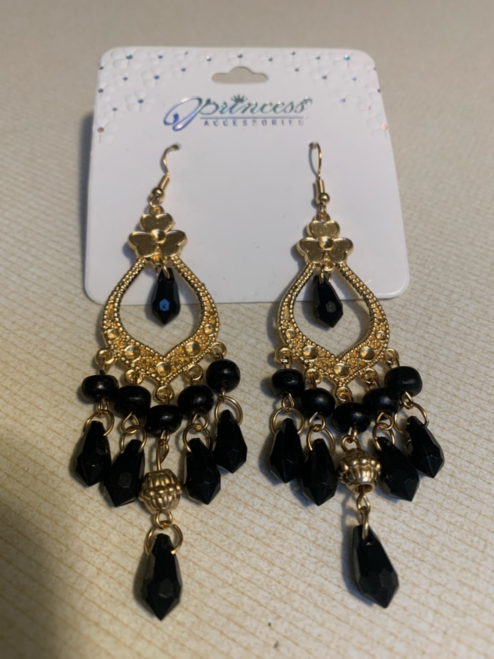 Princess Gold and Black Dangle Chandelier Boho Earrings NWT